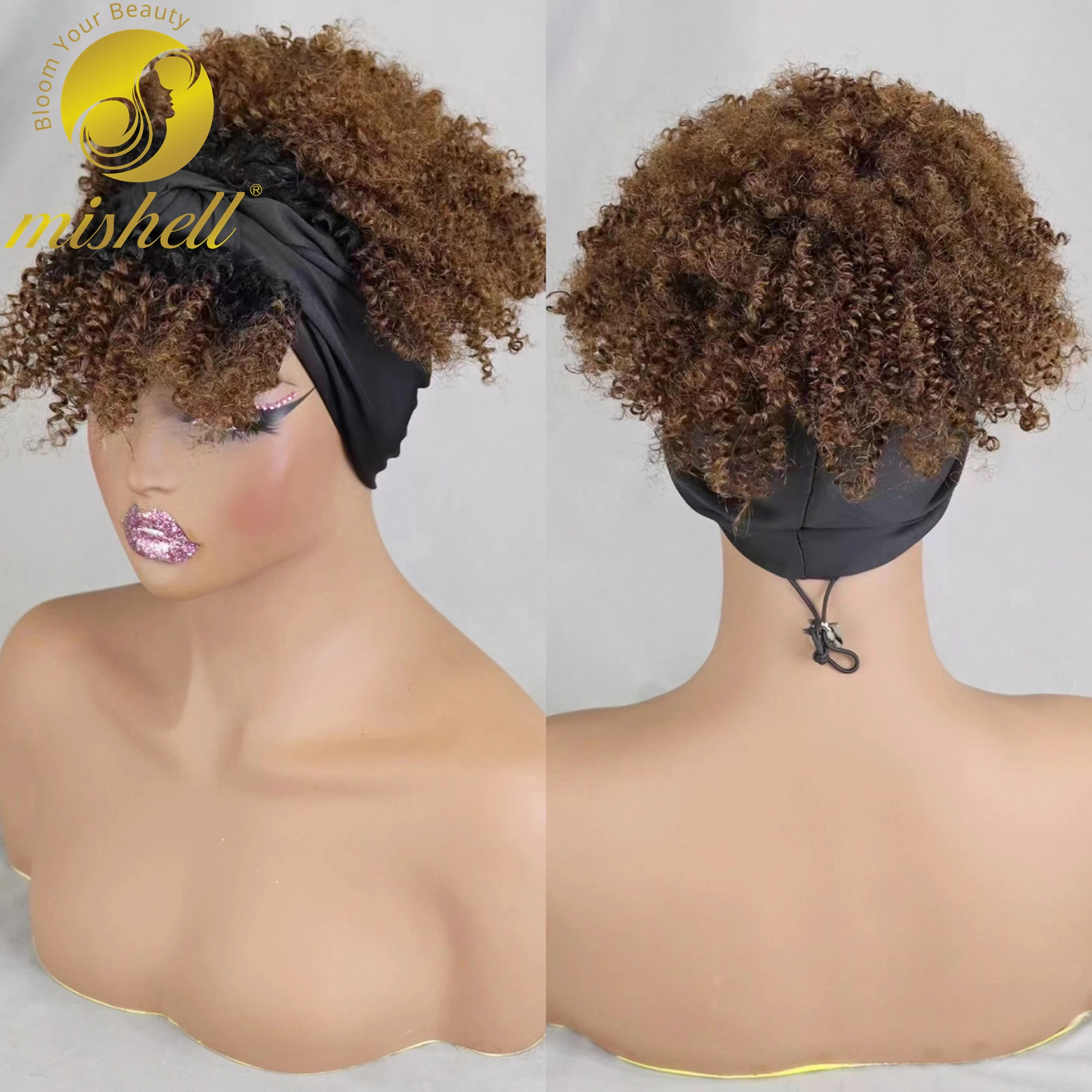 

Afro Kinky Curly Scarf Wigs with Bangs Machine Made Wigs 1BT4 Curly 100% Human Hair Wig Preplucked 200% Density for Black Women