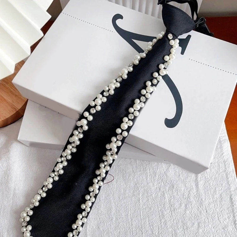 Elegant Handmade Pearls Decorated Neck Tie Adjustable Silk Pretied Necktie Neckwear for Formal Event Business Meeting