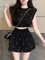 Korean Fashion Bead Casual T-shirt Top Skirt Two-piece Set Women Lace Up Drawstring Solid College Sleeveless Summer Sweet Wear