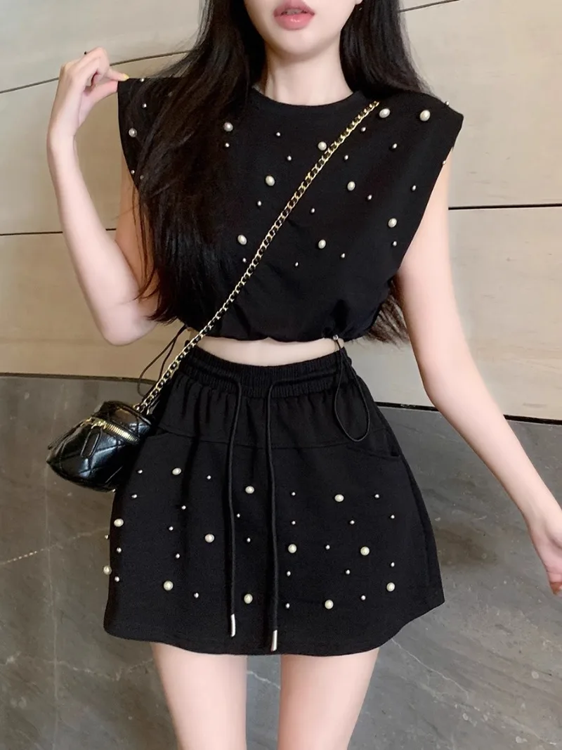 Korean Fashion Bead Casual T-shirt Top Skirt Two-piece Set Women Lace Up Drawstring Solid College Sleeveless Summer Sweet Wear