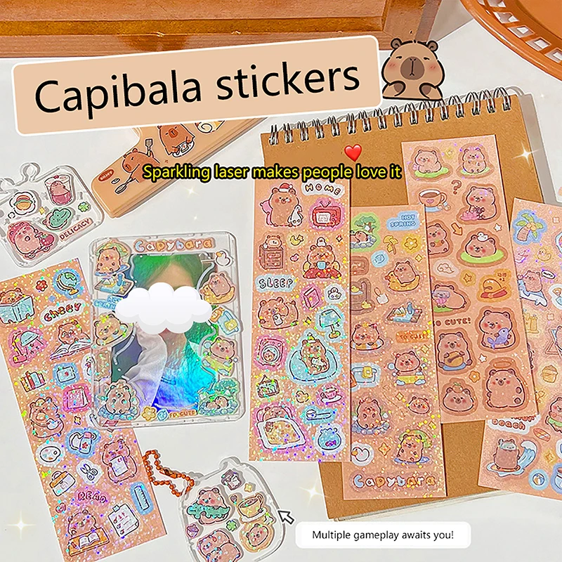10Pcs Cute DIY Diary Decorative Sealing Sticker Creative Laser Capybara Stickers Album Stick Label Waterproof Decoration Sticker