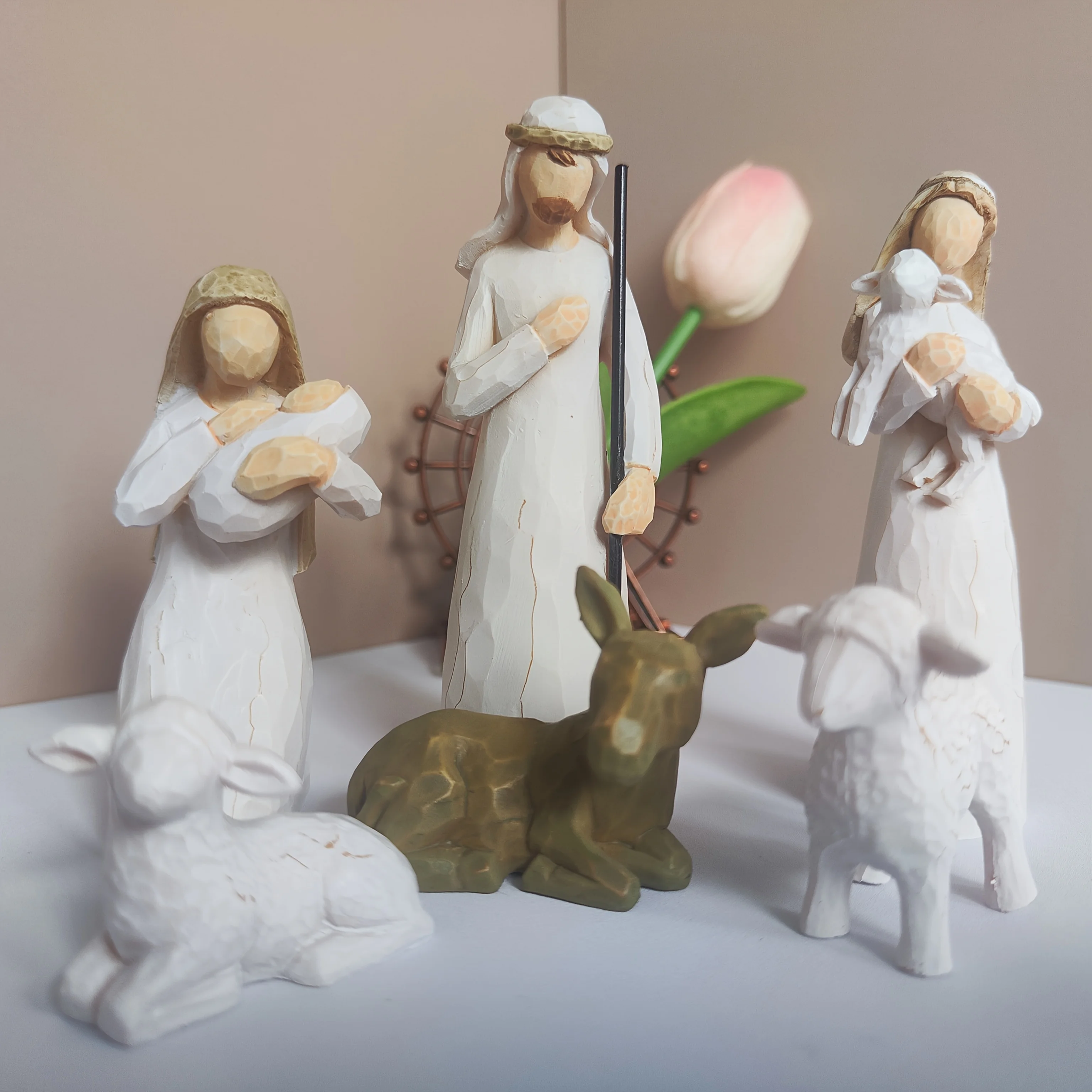 مجموعة تماثيل راتينج لمشهد المهد مجهولي الهوية مكونة من 6 قطع، ديكور عيد الميلاد لولادة يسوع، ماري جوزيف الراعي والأغنام، الحد الأدنى
