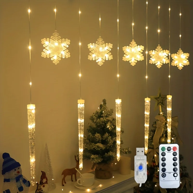 Remote Control LED Christmas Curtain Lights, Icicle Snowflake Design, USB Powered 8 Light Modes, for Roof/Porch/Trees - 3 Colors