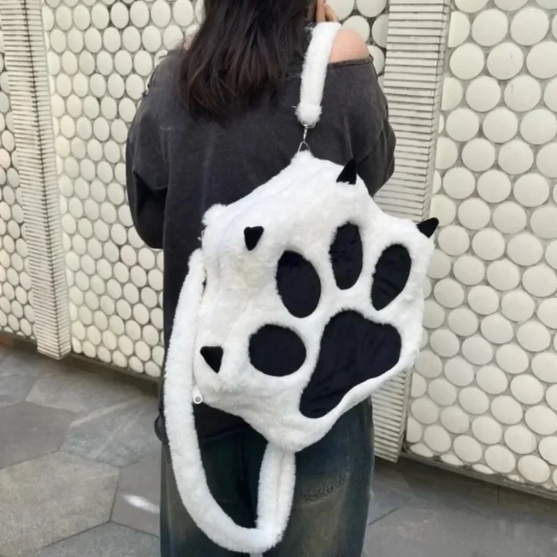 Sac à dos en peluche patte de chat mignon avec bretelles réglables, sac Kawaii avec fermeture éclair, sac JK pour filles, sac de dessin animé pour femmes