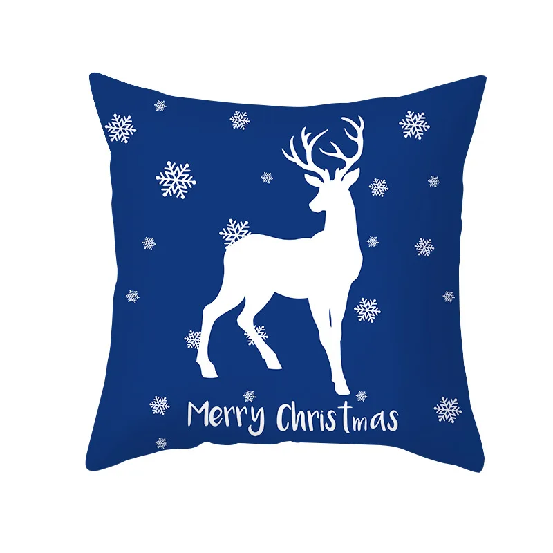 Blue Christmas Cushion Cover Merry  Elk Snowflake Print Pillowcase Sofa Ornament Home Decoration New Year Gift 45x45cm