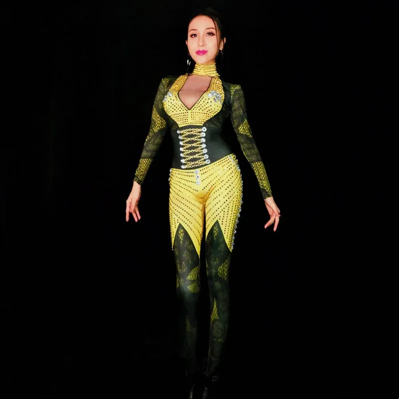 

Комбинезон для празднования дня рождения, певица, сценический купальник, танцевальный костюм, узкий комбинезон с золотыми стразами и принтом