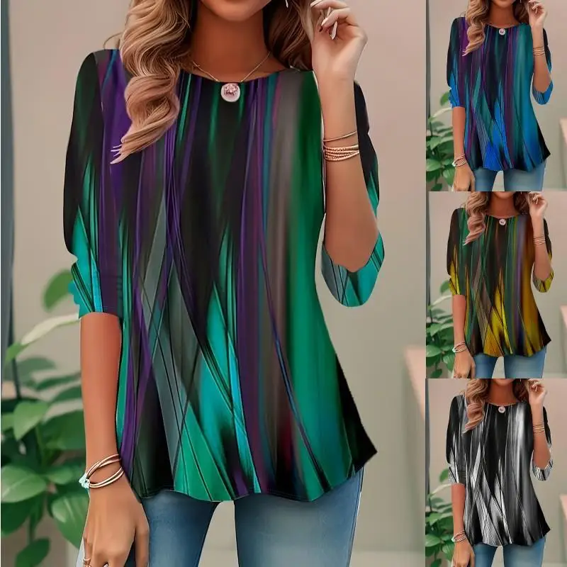 Camiseta feminina longa estampada Sve, ajuste solto, tecido de poliéster, efeito 3D, verão, moda feminina, roupa casual