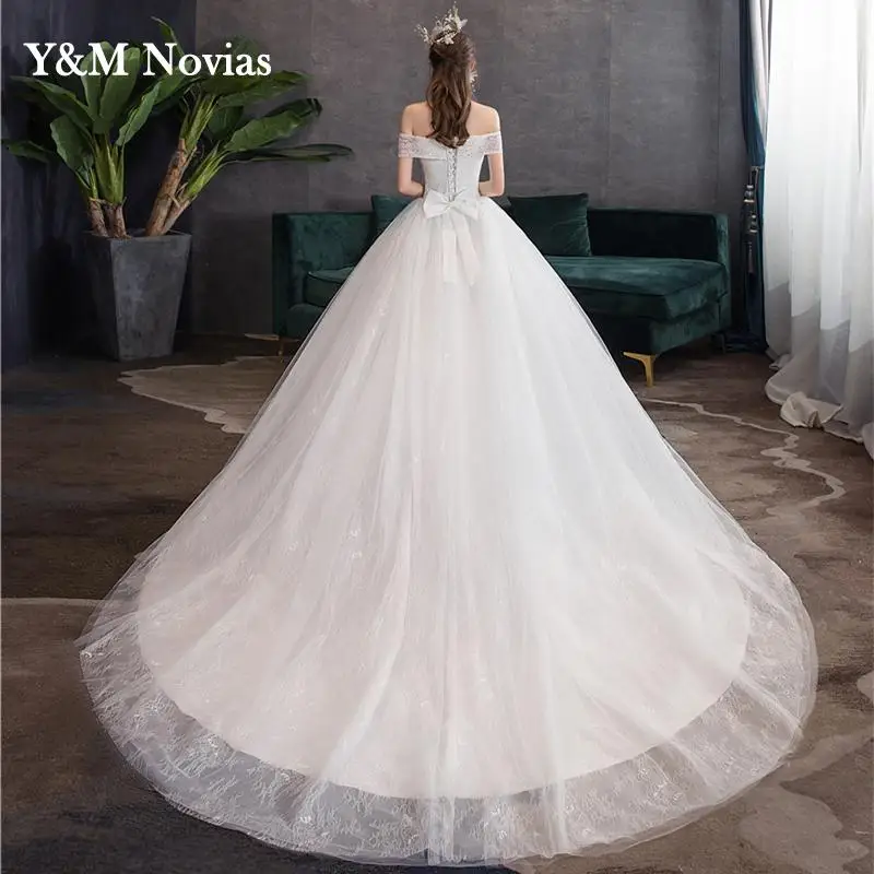 Y&m Wedding Dress 2023 New Elegant Boat Neck for Bride Off The Shoulder Princess Lace Embroidery Wedding Gown Vestidos De Novia