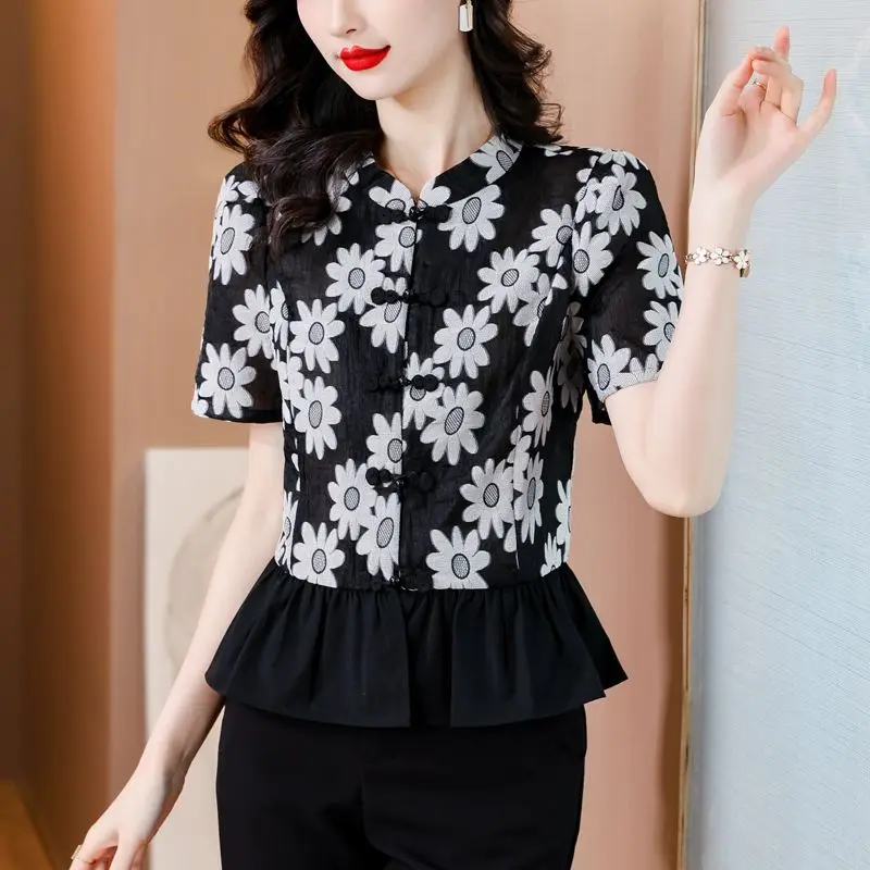 

2025 Summer New Chinese Style Jacquard Slimming Blouse for Women