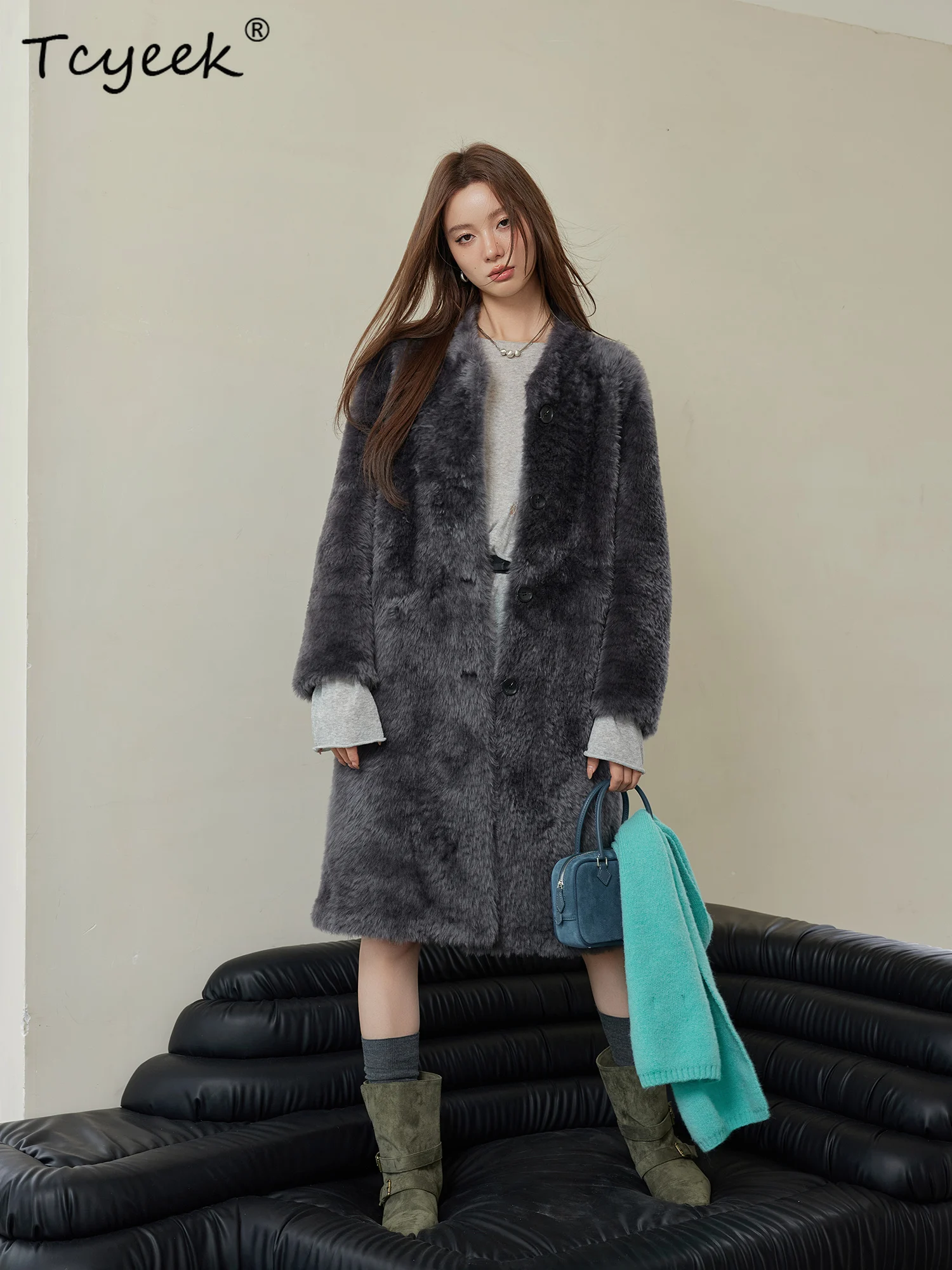 Tcyeek Jesień Zima Importowane Futro Zintegrowany Stójka Szary Antracyt Średniej Długości Damski Wełniany Płaszcz Futrzany Fourrures Femme