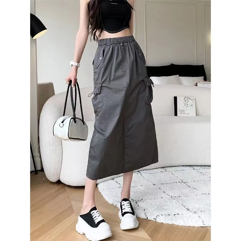 Large Size Women Spring Drawstring Solid Color Half Length Skirt New Forking Solid Color Elastic Waist Pocket All-match Skirt