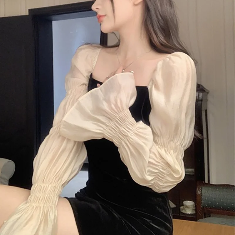 Franse vierkante kraag pofmouwen splitsen nieuwe lente en herfst slanke jurk met lange mouwen