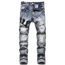 High Street Stretch Borduurwerk Heren Jeans Gescheurde Streetwear Jeans Punkstijl Broek Voor Man Slim Mode Small Feet Heren Jeans