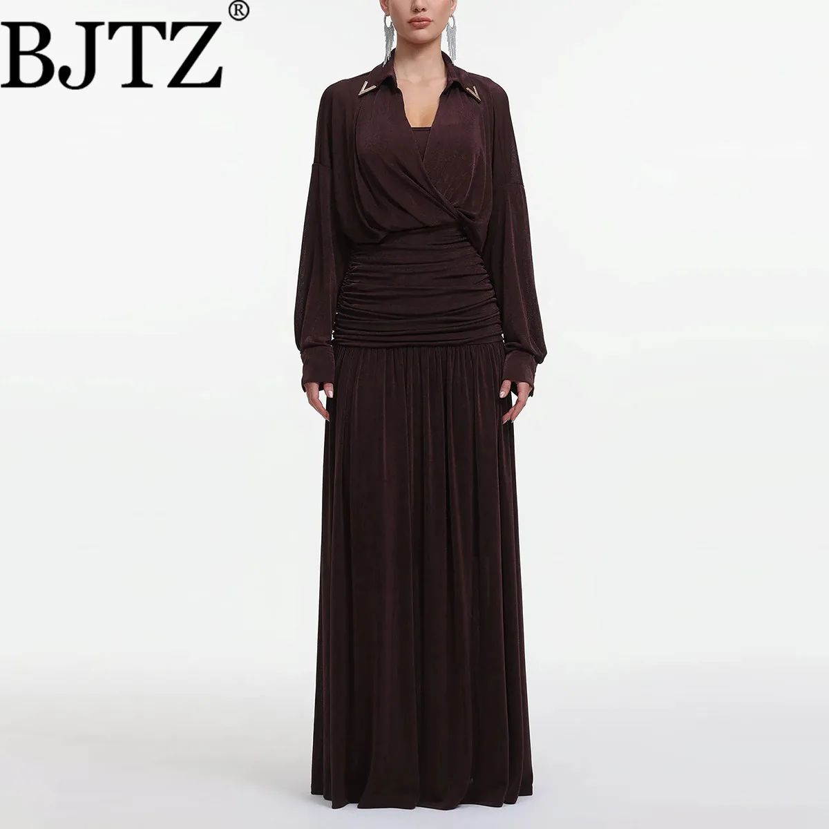 

BJTZ Graceful Elegant Style Dress 2026 Autumn New Fashion V-neck Design Sense Ruched Waist Slimming Solid Color Long Dress