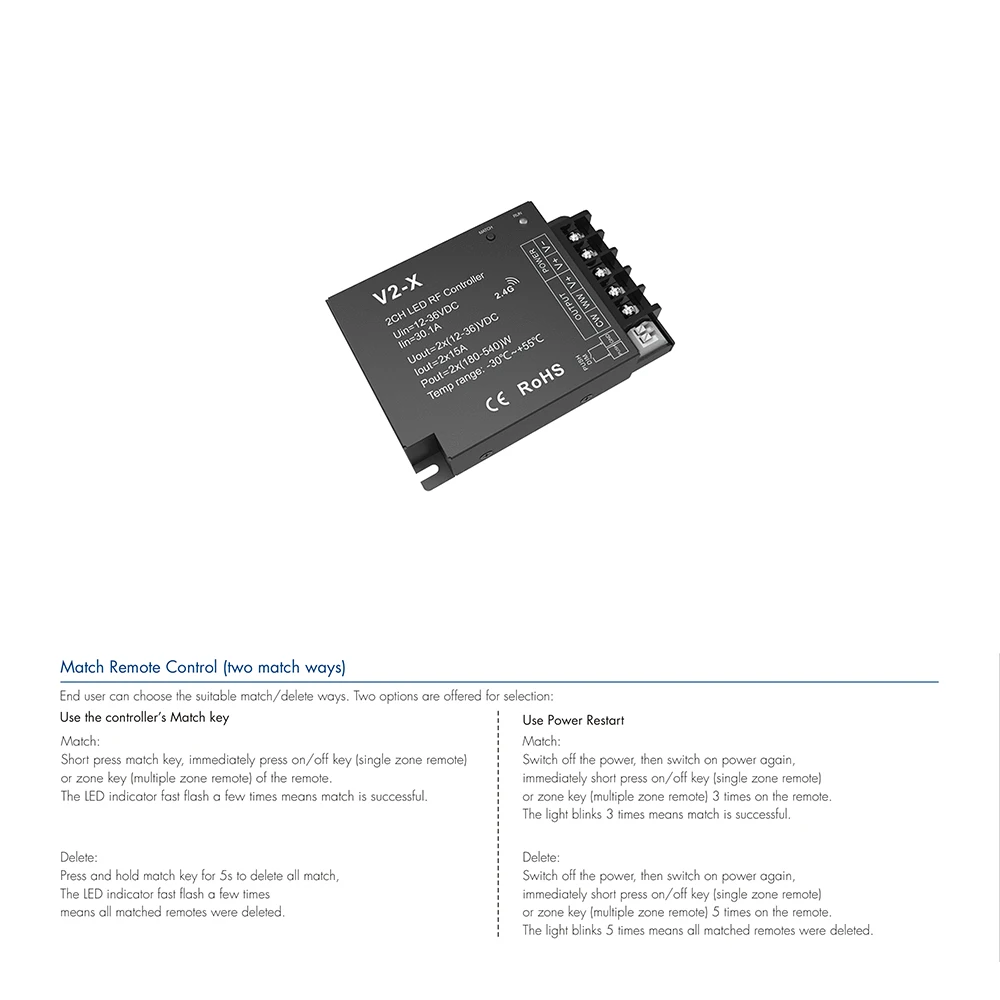 Skydance V2-X DC12-36V 2.4GHzRF+Push Dim PWM 0-100% CCT Dual Color LED Dimming Controller For Color Temperature LED Strip Light