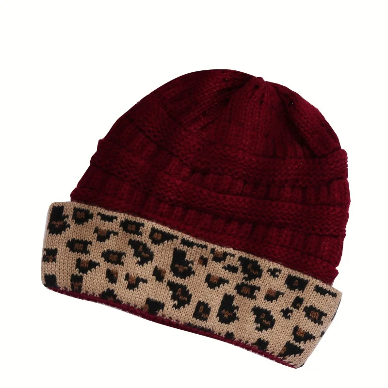 Winter Bonnet Hat for Women Fashion Warm Leopard Solid Color Matching Skull Cap Autumn Casual Turban Hip Hop Beanies