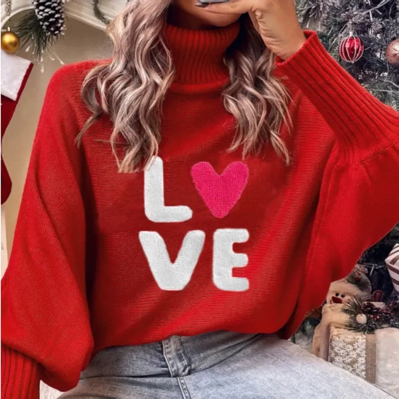 2024 New Autumn Winter Women's Christmas High Neck Sweater - Loose Batwing Sleeve Knit Top for Casual Wear