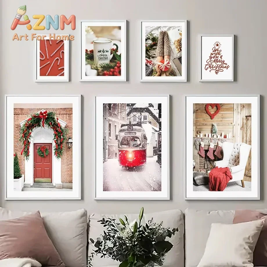 Vintage Red Car Christmas Candy Santa Claus Mural Oil Painting - Nordic Living Room Decoration Posters and Prints Wall Paintings