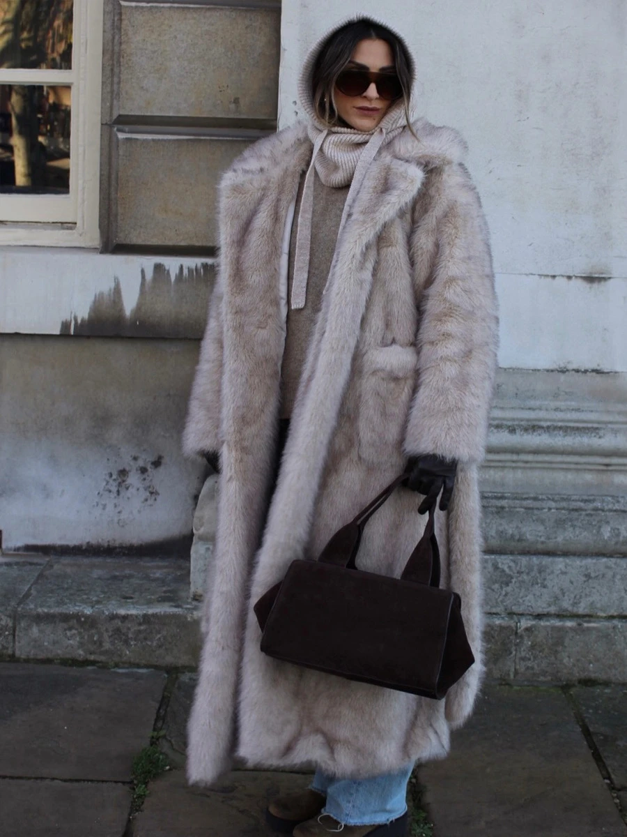 Chic Women Cream White Fur Coat Lapel Collar Drop Shoulder Open Front Mid Long Winter Outerwear