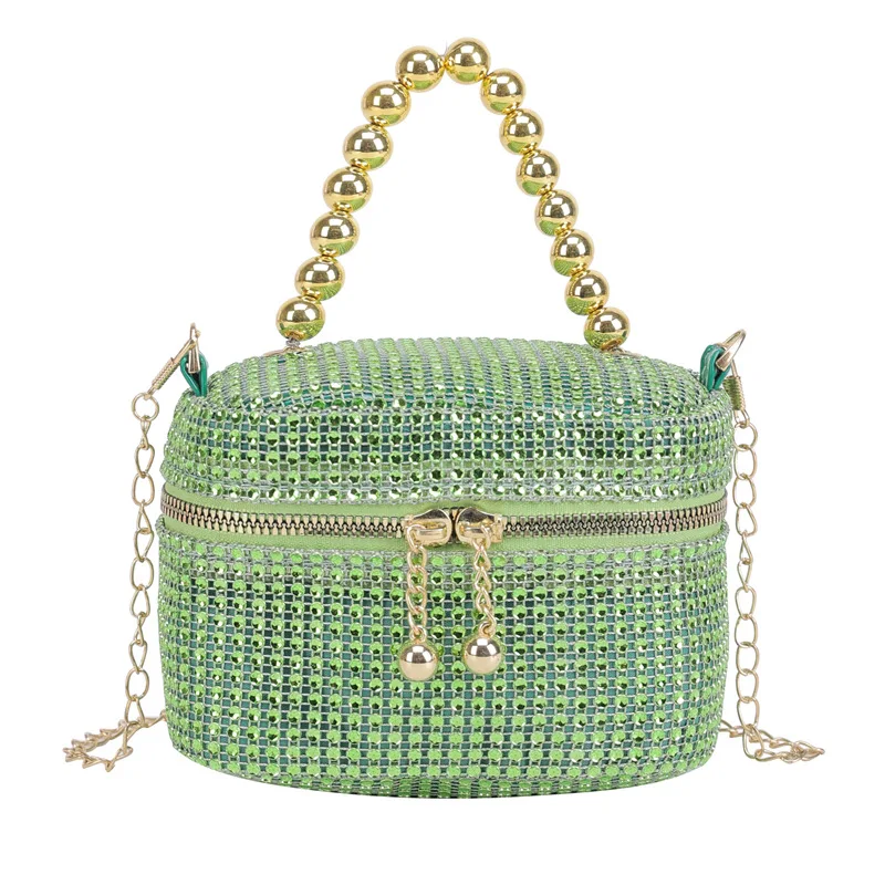 Bright Diamond Shoulder Bags Beading Handle Handbag Women's Bag 2023 New Green Gold Silver Box Chain Shoulder Bag Luxury Purse