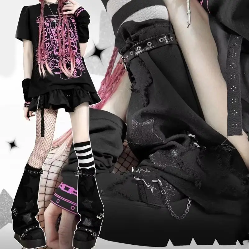 

195E Y2k Bandage Belt Socks Gothic Leg Warmers Punk Girls Japanese Stockings Cool Streetwear Leg Cover Harajuku Socks