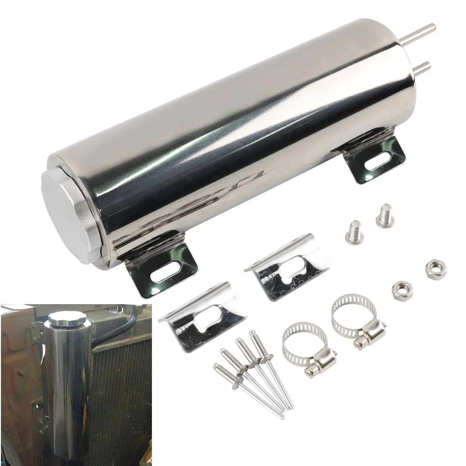 32OZ 3x9in Universal Polished Stainless Steel Radiator Coolant Overflow Catch Puke Tank