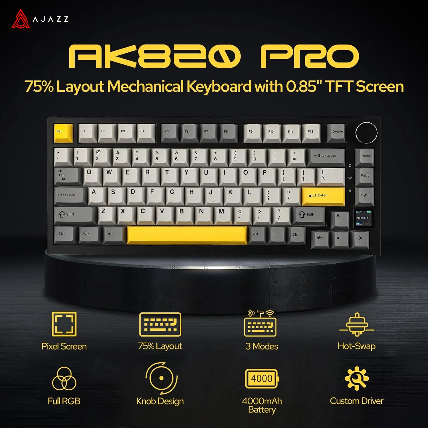 Ajazz AK820 Pro Gaming Mechanical Keyboard Bluetooth/ Wireless/Wired Customized Keyboard with TFT Color Screen Knob 136 Keycaps