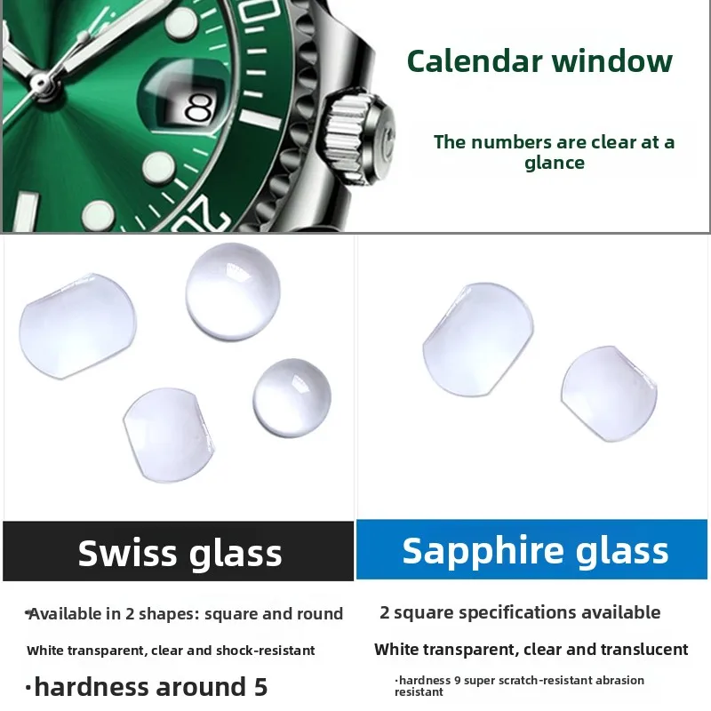Lente di calendario con lente d'ingrandimento a bolle di zaffiro per finestra della data Orologio in cristallo quadrato 7,0 * 5,5 mm 5,5 * 4,5 mm 4,5 * 3,5 mm rotondo 5,5 / 4,5 mm