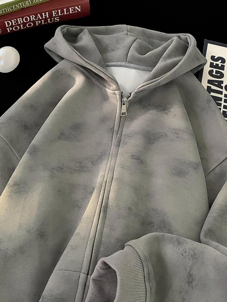 

Мужская зимняя утепленная толстовка на молнии с капюшоном, свободного кроя, с длинными рукавами, в американском ретро-стиле, с эффектом окрашивания, из плотного флиса