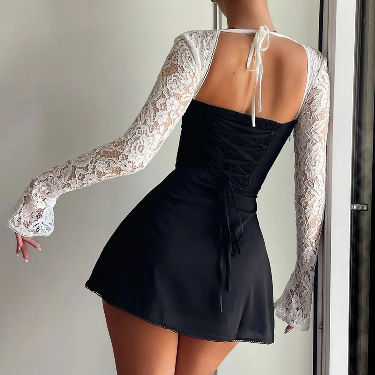 2024 Summer Sexy Lace Crochet Satin Club Party Dresses Women Long Sleeve Lace Up Bodycon Short Mini Dress Elegant