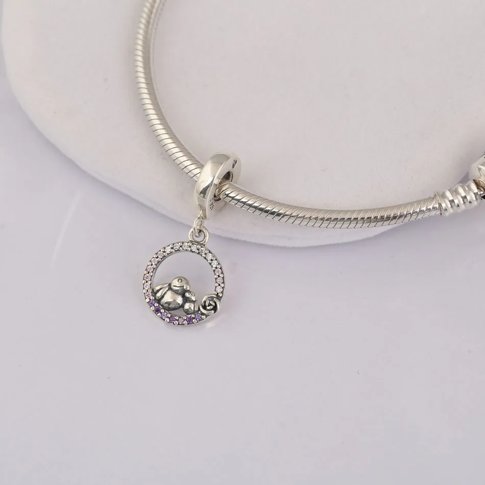 S925 Silver Bead Pendant Fit Women Bracelet & Bangle Mother & Baby Bird Dangle Charm Soft Pink & Lilac Crystals & Clear CZ