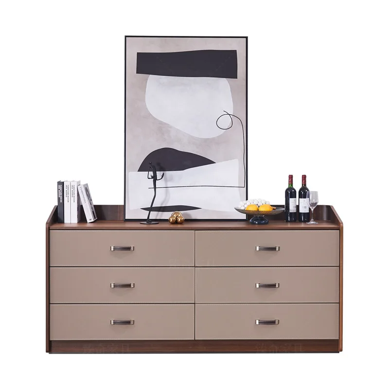 Italian minimalist saddle leather, side cabinet, bucket cabinet against the wall, light luxury, modern living room entrance cabi