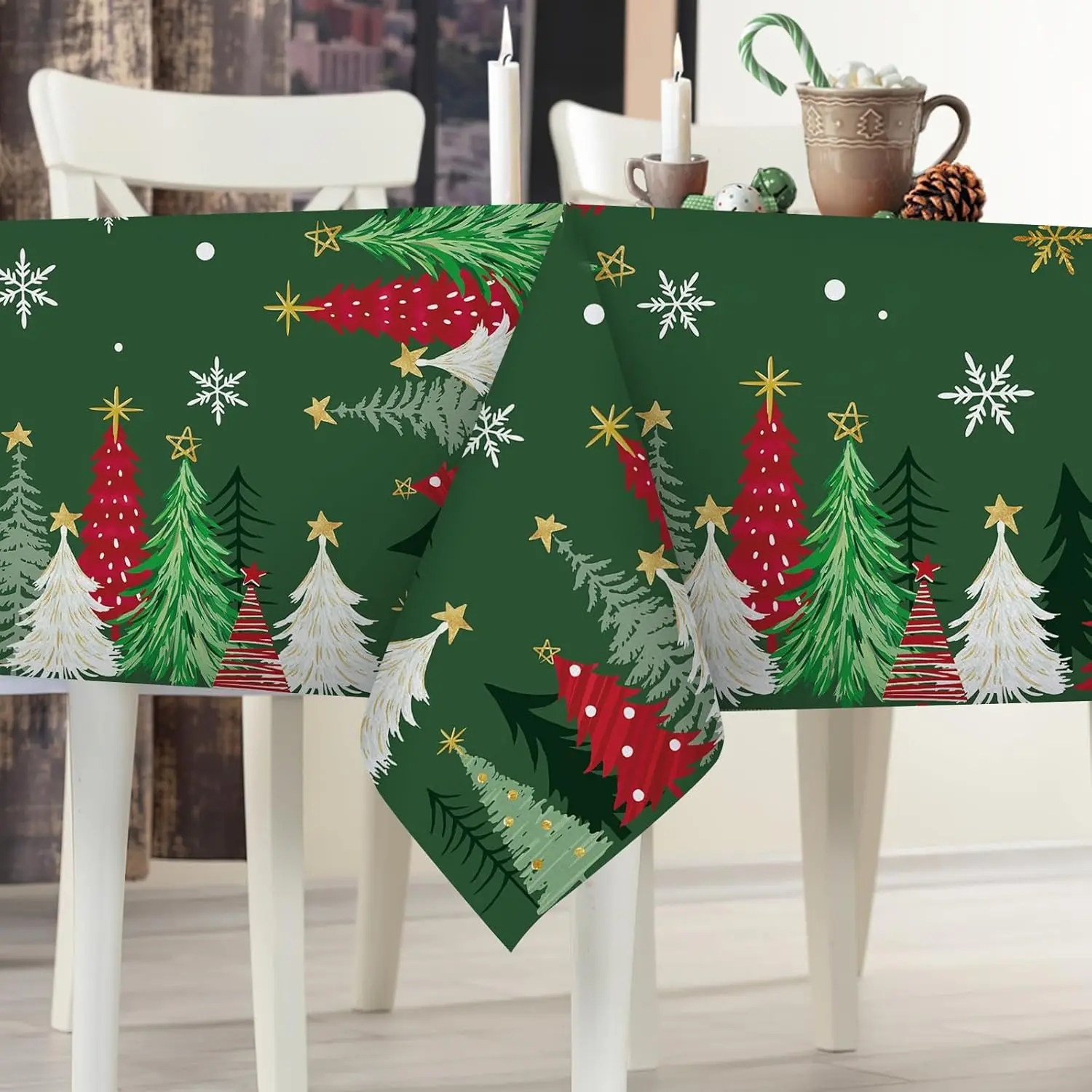Christmas Tree Green Tablecloth for Table Decor Winter Xmas Pine Trees Snowflakes Rectangle Table Cloth Christmas Decorations