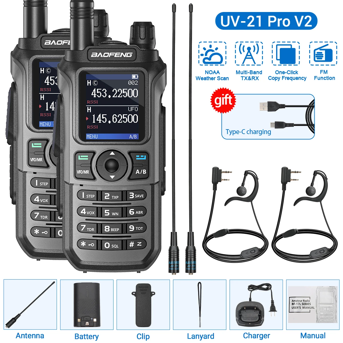 2PCS Baofeng UV-21 Pro Walkie Talkie Multi Band Draadloze Kopieerfrequentie Lange afstand 999CH AM High Power UV 5R K6 5RH Ham Radio