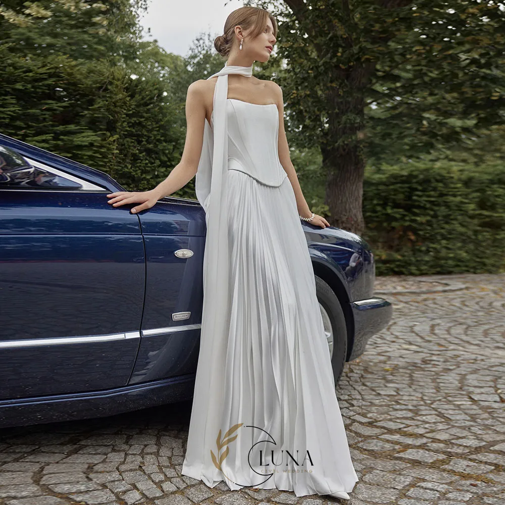 Luna Customized Flowy Two Piece Wedding Dress | Pleated Satin Strapless Corset Bridal Gown Modern French Wedding Party Dresses