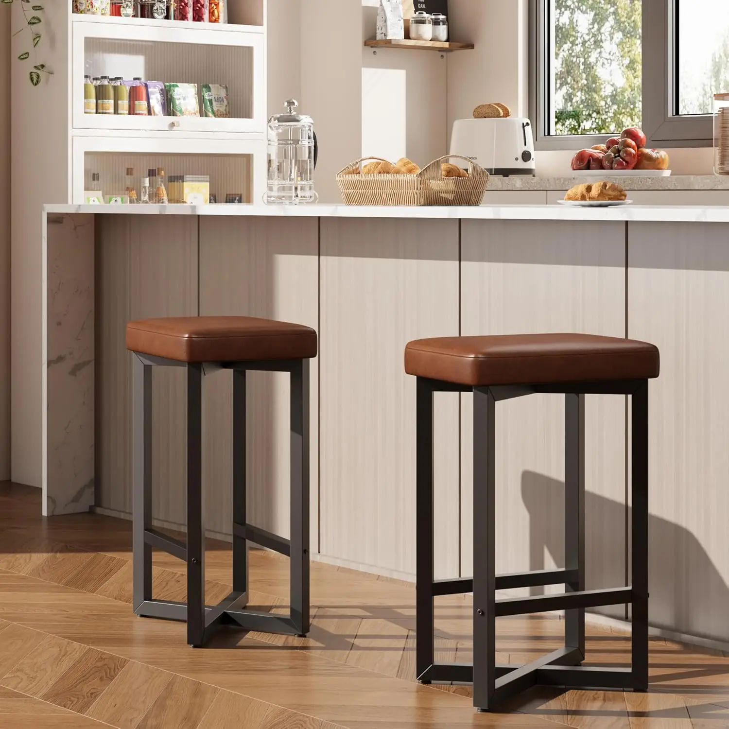 2pcs/4pcs Bar Stools, Counter Height Backless Barstools, Upholstered PU Leather Seats with Metal Frame , Modern Kitchen Stools