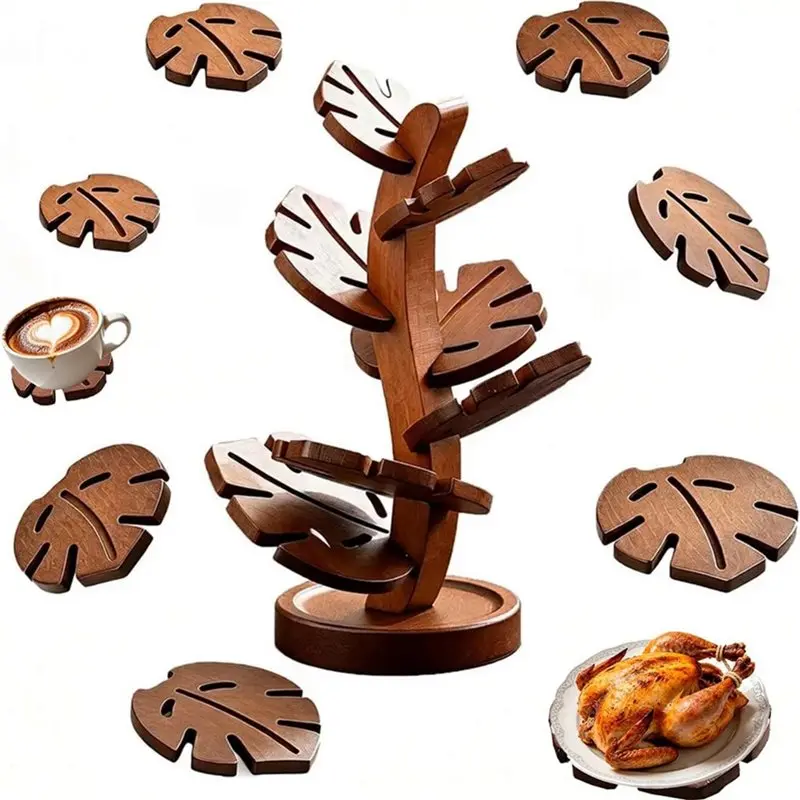 ABGH-Kitchen Trivets Tree Trivet Set With Storage Stand For Hot Dishes For Cups Bowls Plates Teapots For Hot Pots Frying Pans