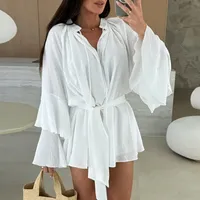 Spring Summer Ruffle Loose Mini Dress Casual Flare Sleeve Holiday Dresses Sexy Deep V-neck Lace Up Solid Women's Dress Vestidos