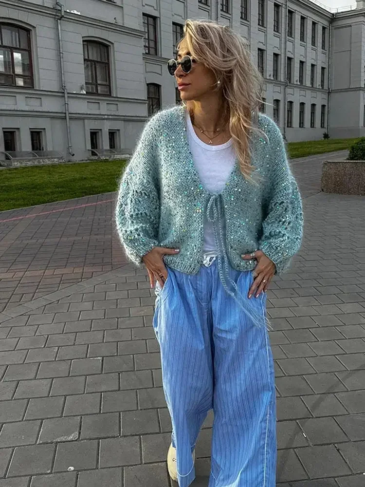 Women Sequins Lace Up Knitted Cardigan Casual V Neck Lantern Long Sleeves Short Sweater 2024 Autumn Lady Warm Chic Outerwear