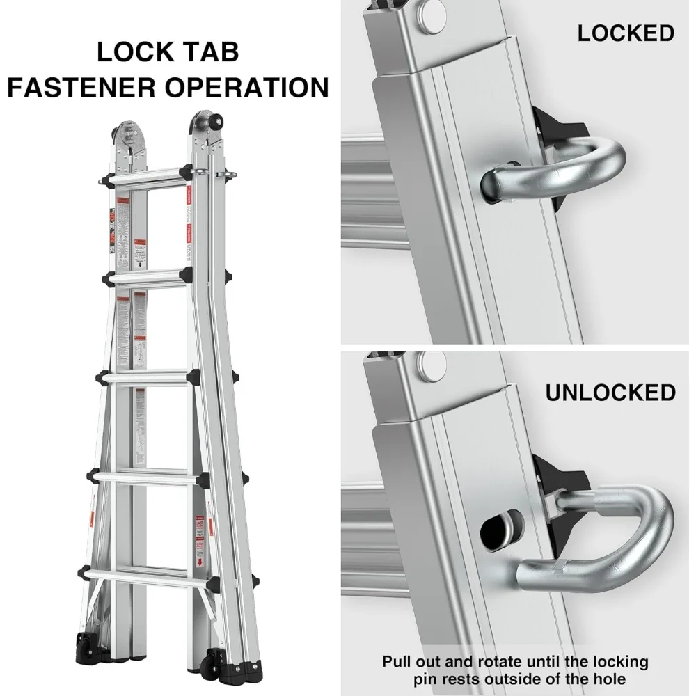 22-foot multi-function folding ladder with wheels, wide tread and hinge lock