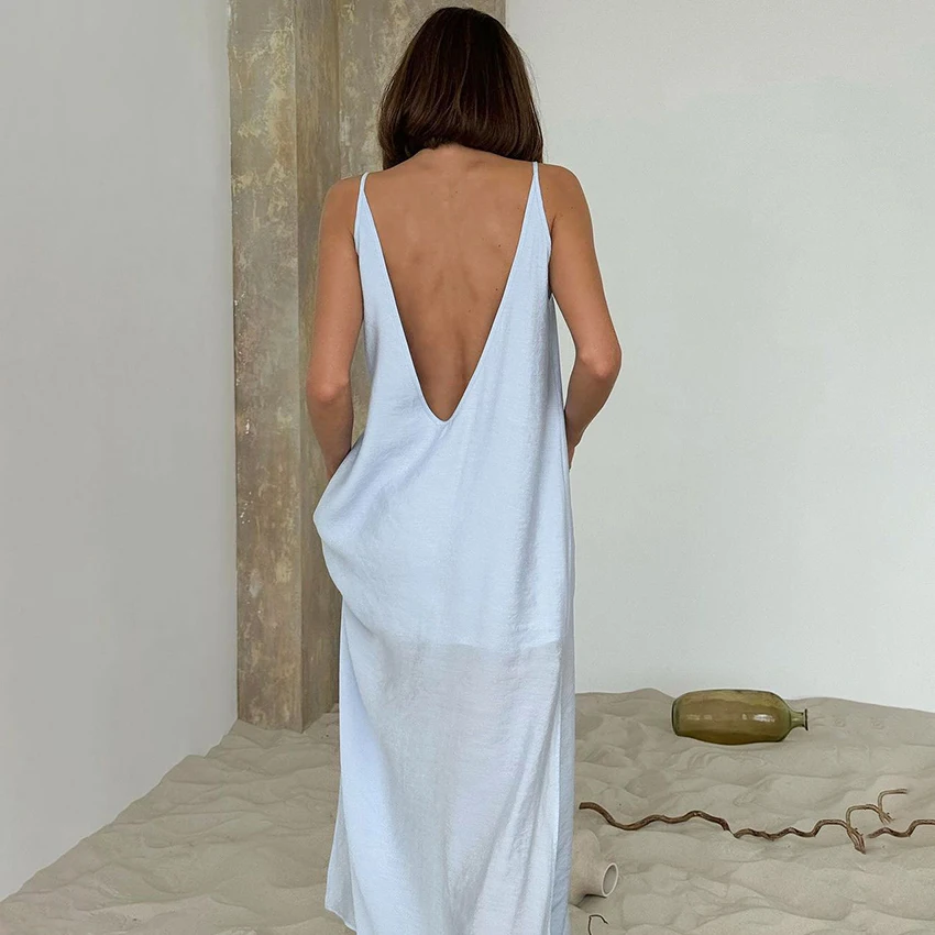 Linad 夏カジュアルホワイトロングドレスセクシーなルーズバックレススプリットドレス女性ストリートシックな V ネックストレートドレス女性のための 2025