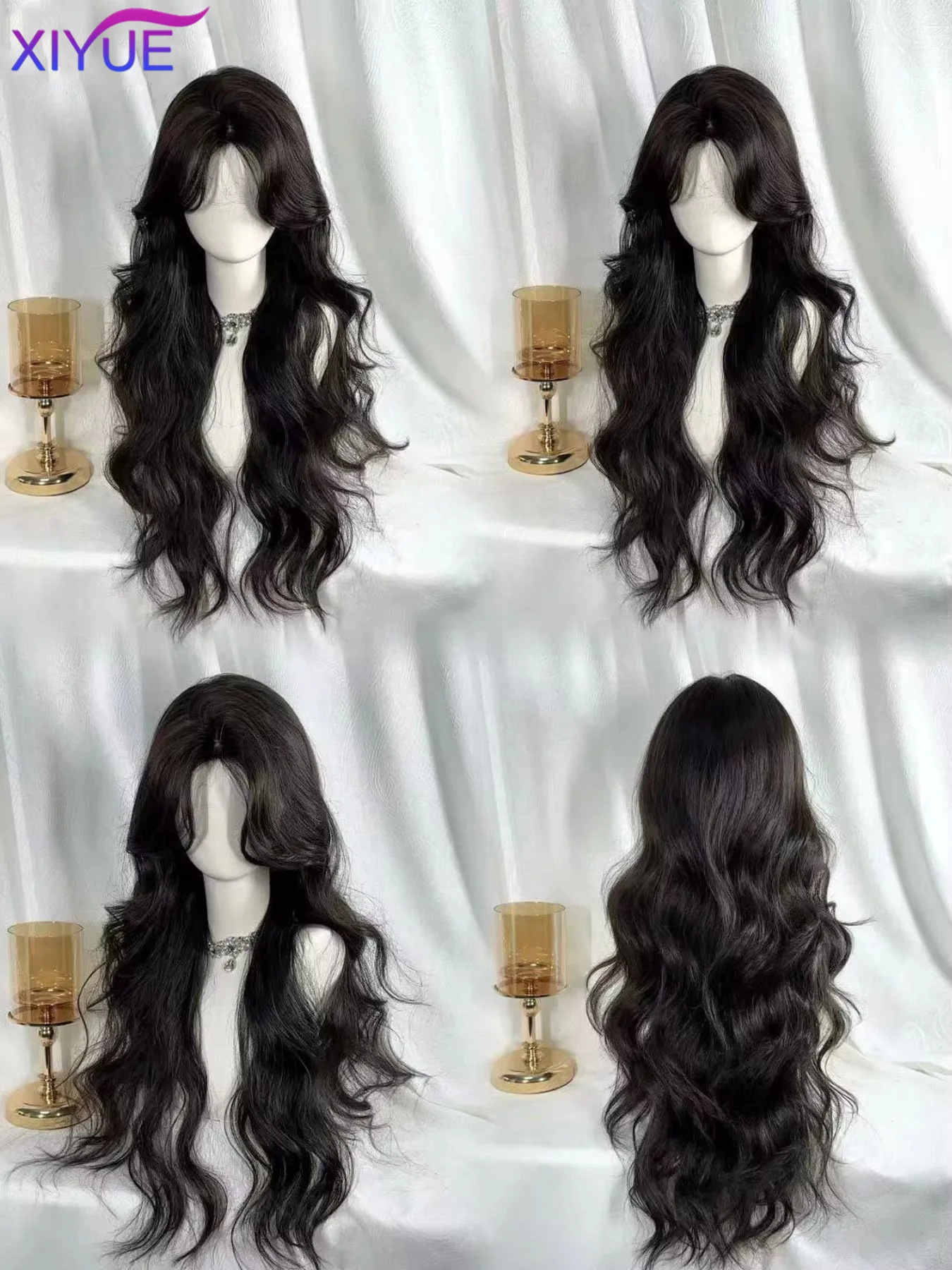 XIYUE 75 cm superlange schwarze gewellte synthetische Perücken mit Pony für Frauen, Afro Dark Water Wave, Cosplay, Naturhaar-Perücke, hitzebeständig