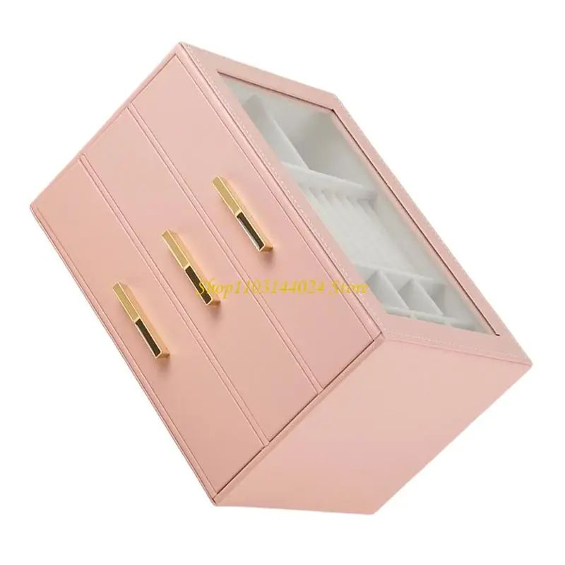 

N5KE 3 Tiers Drawer Jewelry Organizers Glass Top PU Leather Soft Lining