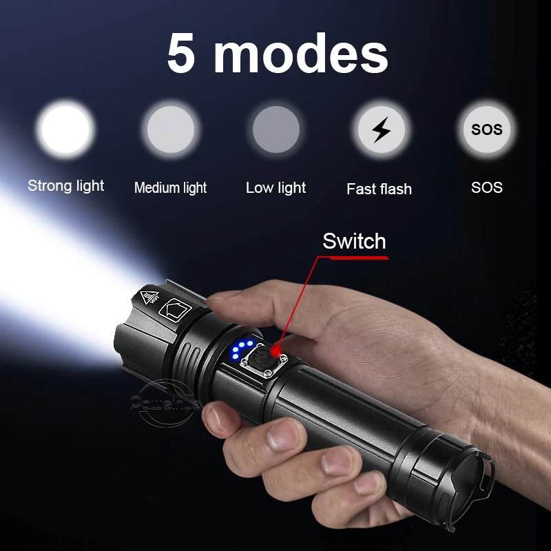 Most Powerful LED Flashlight 500W USB Rechargeable Torch Light 6000Meter XHP360 High Power Flashlight Tactical Lantern