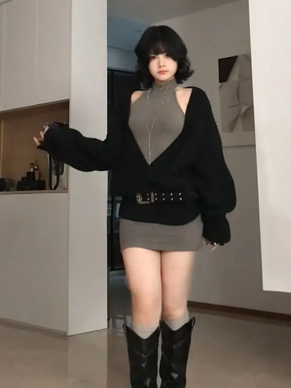 

Retro Spicy Girl Sle Sexy V-ne Sweater Vest Dr Two-piece Set Ele Whole Set Matching Spring Faion Women's Set