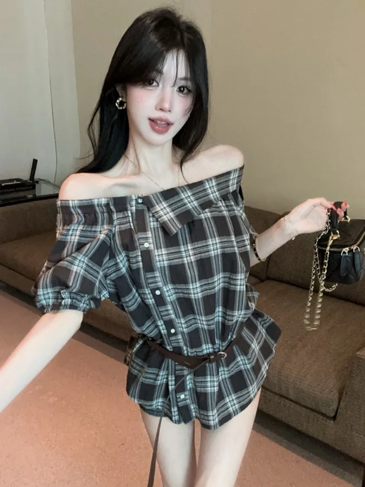 

Korean Style Fashionable Versatile Retro Plaid Shoulder Angle Short Sleeve Shirt Summer New with Belt Women's Top City Walk
