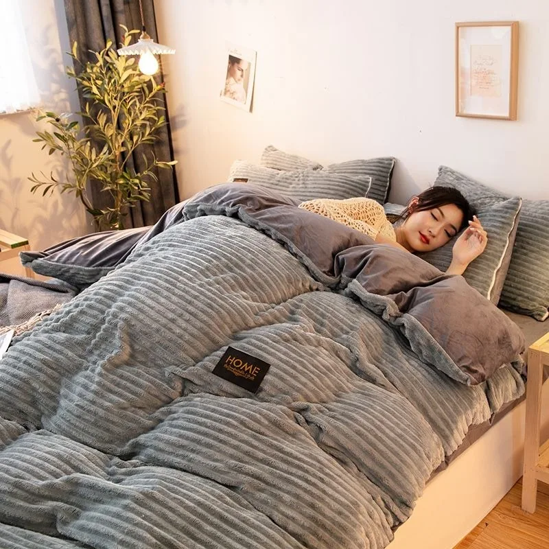 Milk velvet duvet cover+bed sheet+pillowcase thickened and warm double-sided crystal velvet bedding duvet cover 4PCS/set