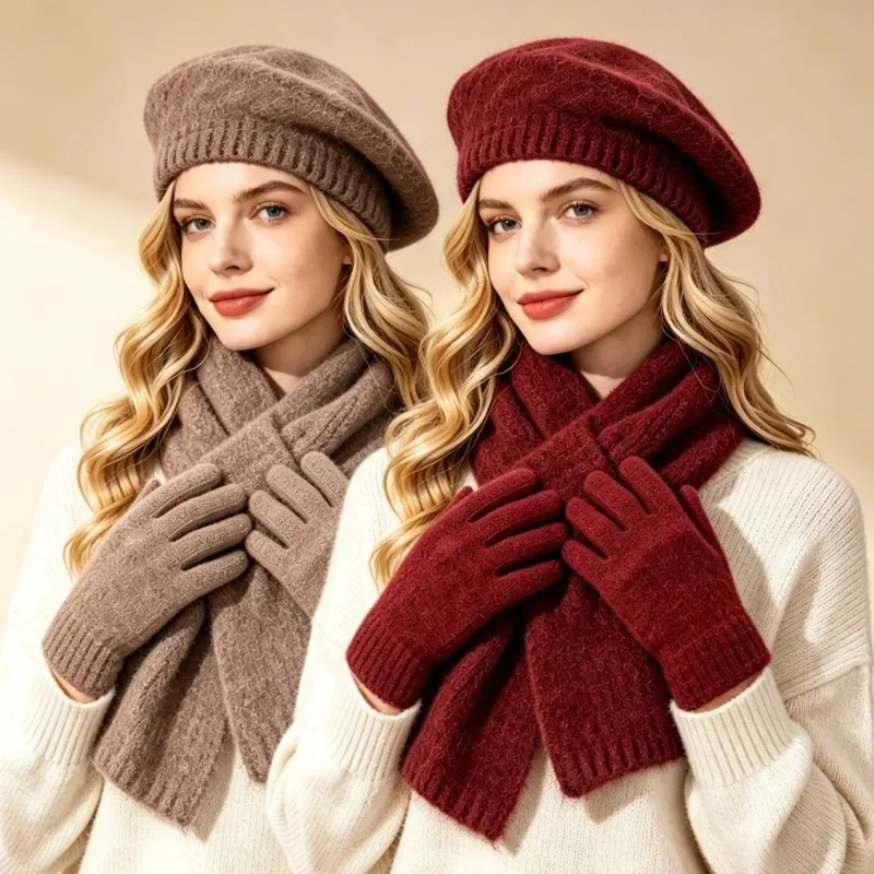 Women's Winter Wool Blend Beret Hat Scarf Gloves 3 Piece Set