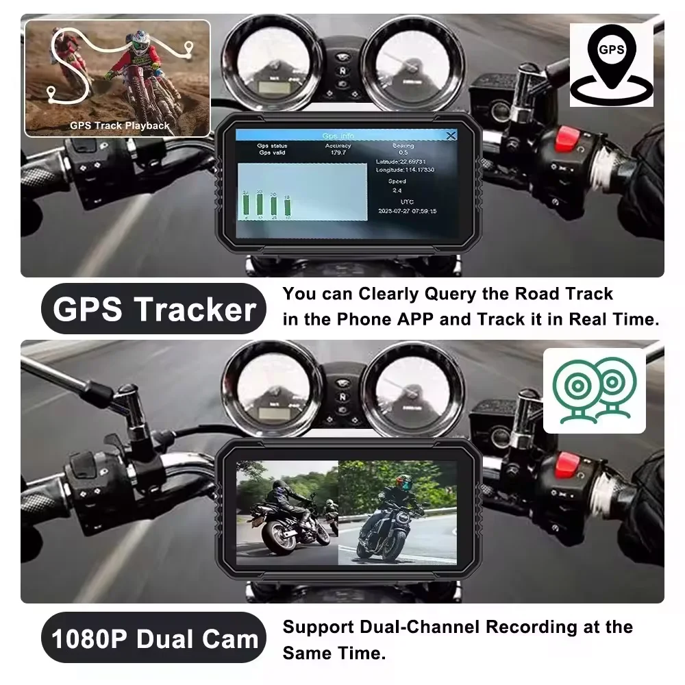 6.25 inch Motorcycle DVR Dash Cam with Wireless Apple Carplay Android Auto HD 1080P Camera GPS G-Sensor Waterproof TMPS