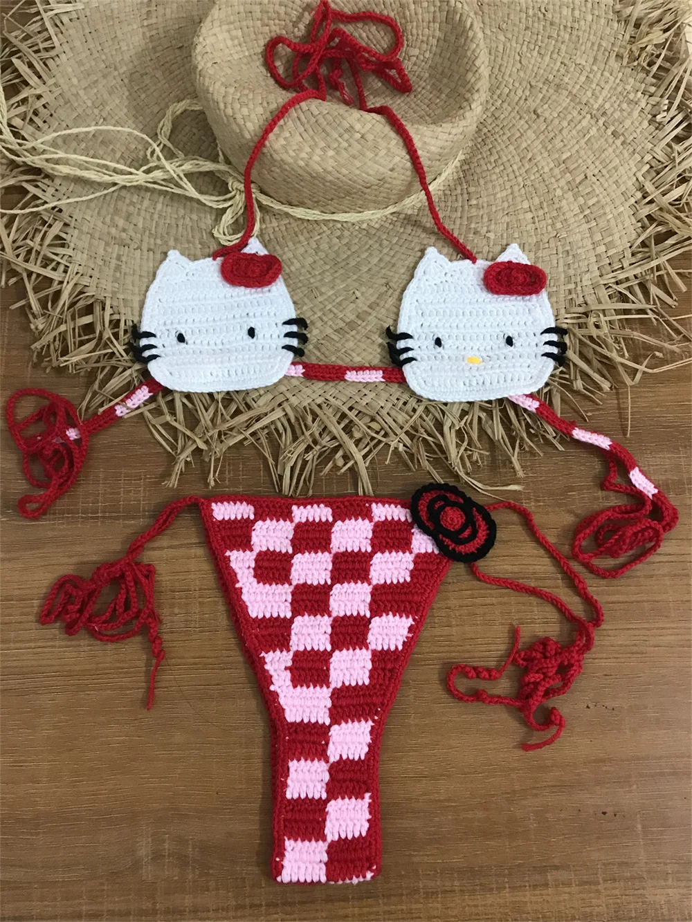 Lady's Cute Crochet Bikini Set 2 Pieces Bathing Suit Sexy Micro Bikinis 2024 Ties Swimsuit Thong Swimwear Women Swimming Suit